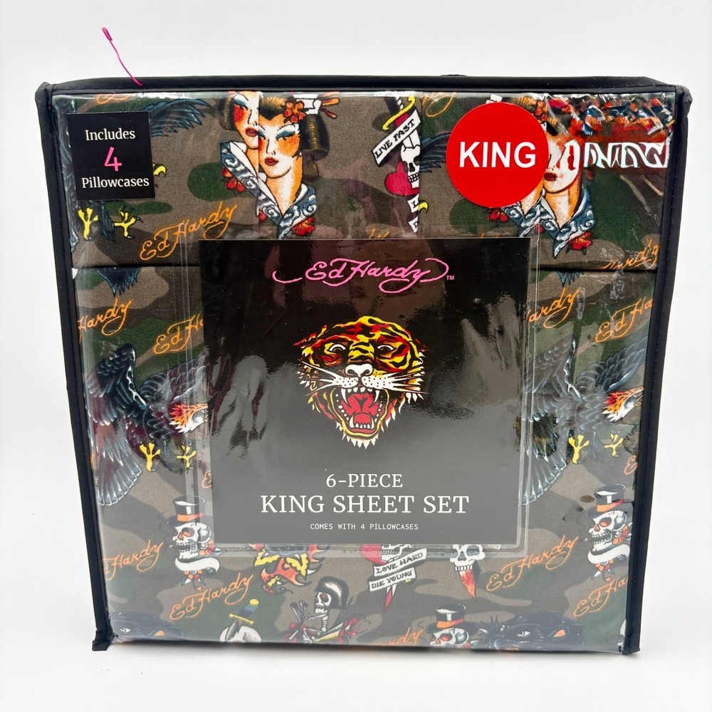 Ed Hardy King 6 Piece Sheet Set 4 Pillowcases Camo Tattoo‎ Eagle Tiger Skulls